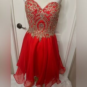 Aspeed Design Red short, flirty corset, tieback strapless dress share lined.